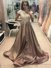 Cap Sleeves Long Prom Dress, Satin Lace Appliques Formal Gown